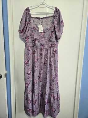 NWT Yesfashion Floral Midi Dress 3XL Purple Puff Sleeve Cottagecore